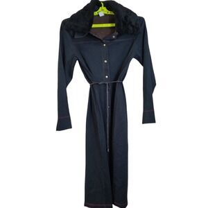 Vintage‎ Y2k Small Long Coat Faux Fur Collar Denim Jean Jacket Coat Penny Lane